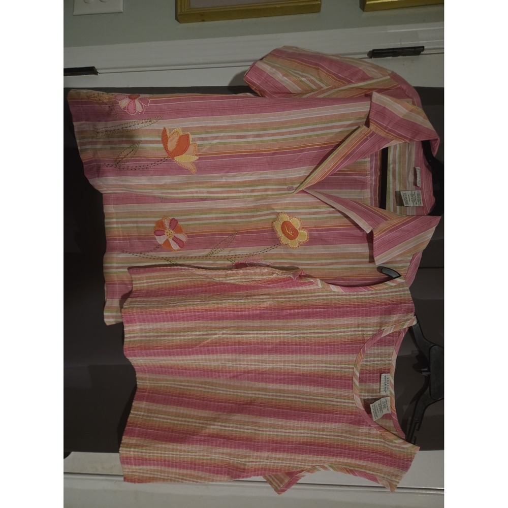 White Stag 2-Piece Floral Blouse & Tank L Pink Multicolor Embroidered Stretch
